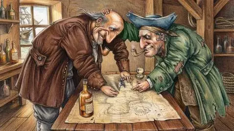 AI Video from prompt: The pirates are looking at a map of treasure isl