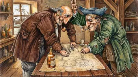 AI Video from prompt: The pirates are examining a map of treasure isla