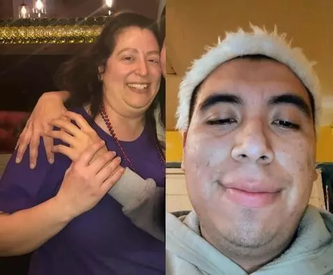 AI Video from prompt: She holds his hand while he clings to her arm fo