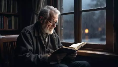 AI Video from prompt: He's reading a book, it's raining outside