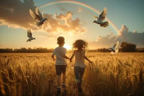 AI Video from prompt: boy and girl running in a wheatfield holding han