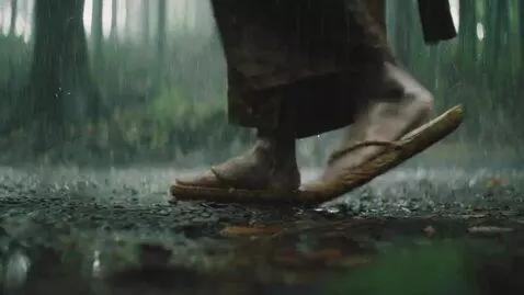 AI Video from prompt: Prompt: Close-up of bare monk feet in worn straw