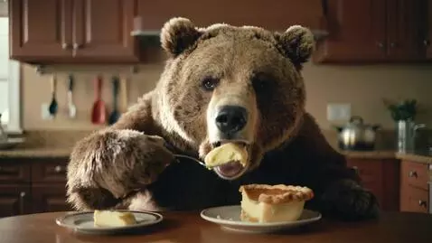 AI Video from prompt: Big bear eating pie with a fork