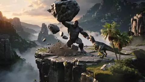 AI Video from prompt: Grandiose battle of three giants: King Kong in a