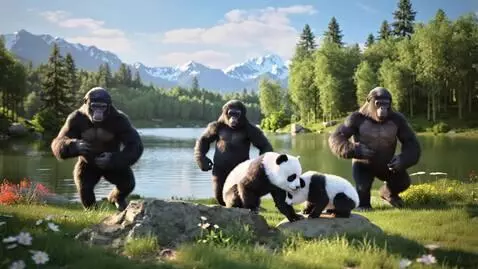 AI Video from prompt: 4 panda playing and a 6 gorilla dancing be the a