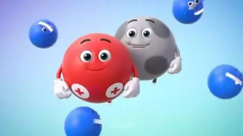 AI Video from prompt: Blue balls are spinning around a red and gray ba