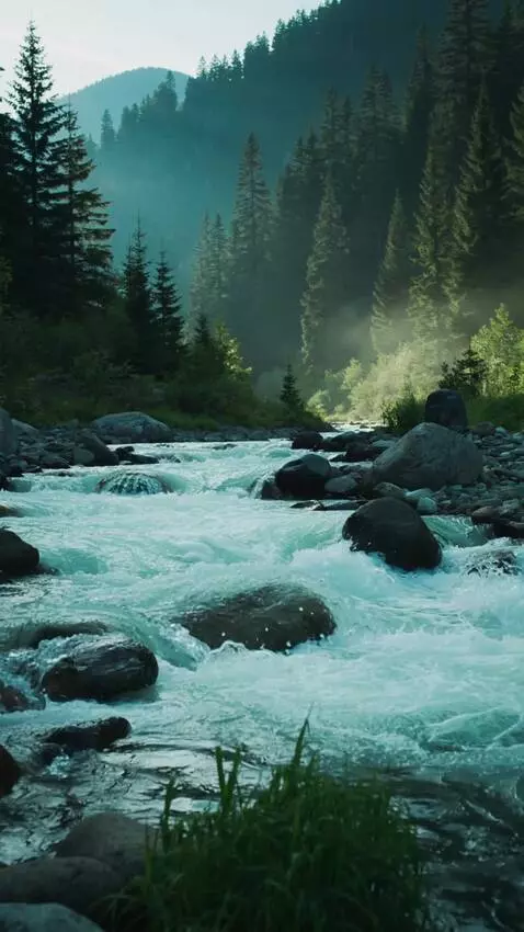 AI Video from prompt: Cinematic daytime mountain river in a dense Cana