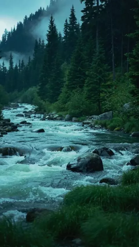 AI Video from prompt: Cinematic daytime mountain river in a dense Cana