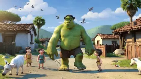 AI Video from prompt: Duration: 6 sec  Camera: Wide shot, Hulk walking