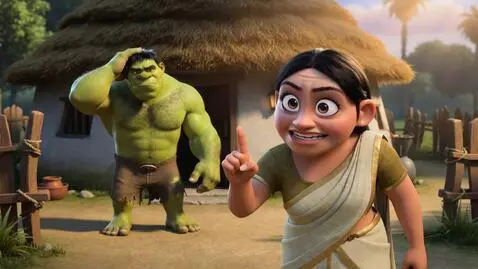 AI Video from prompt: Duration: 7 sec  Camera: Mid-shot, Hulk outside 