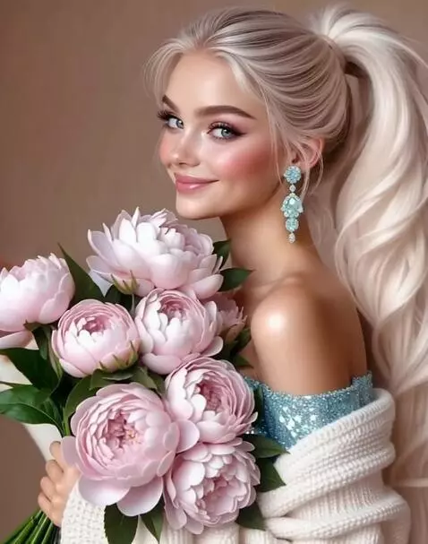 AI Video from prompt: The Girl smiles and extends her hand with a bouq