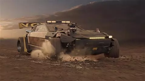 AI Video from prompt: The armored car is suddenly accelerating by dust