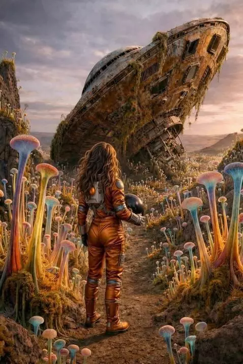 AI Video from prompt: A woman in an orange spacesuit stands still and 