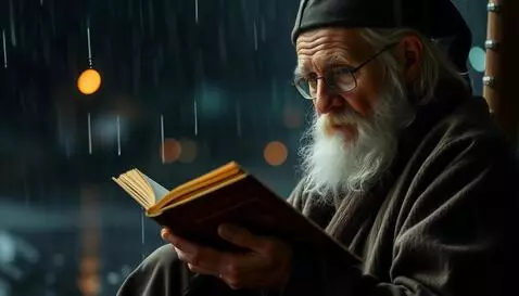 AI Video from prompt: He's reading a book, bad weather, rain