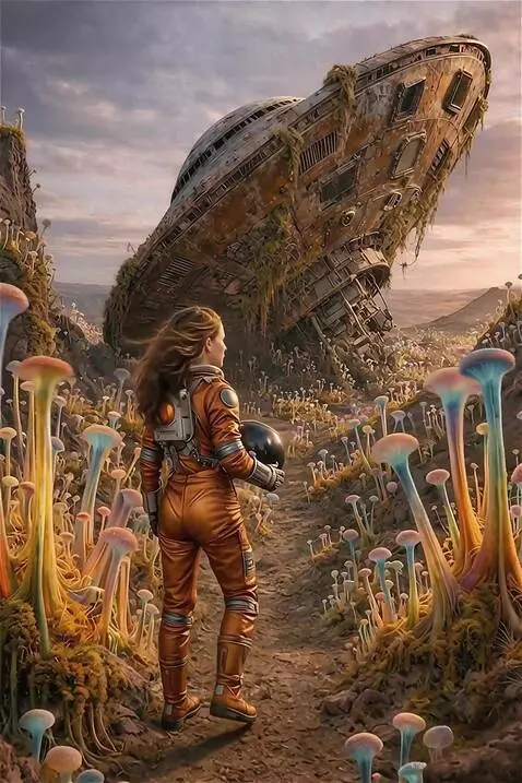 AI Video from prompt: A woman in an orange spacesuit stands still and 