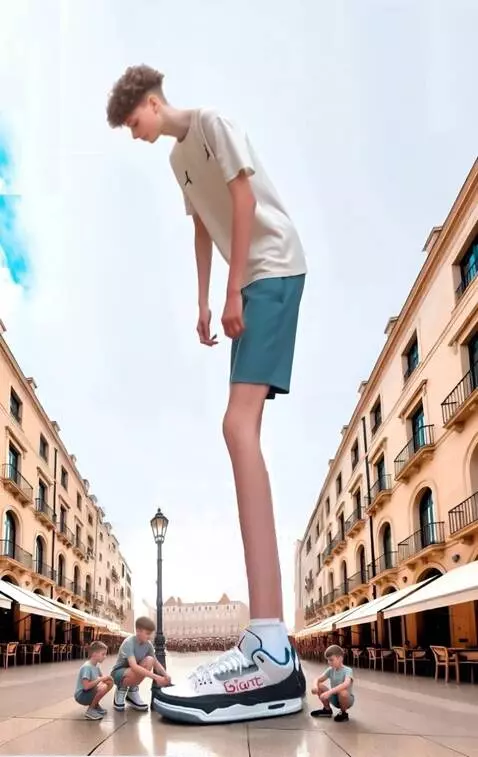 AI Video from prompt: The tall boy shows his sneakers to the little bo