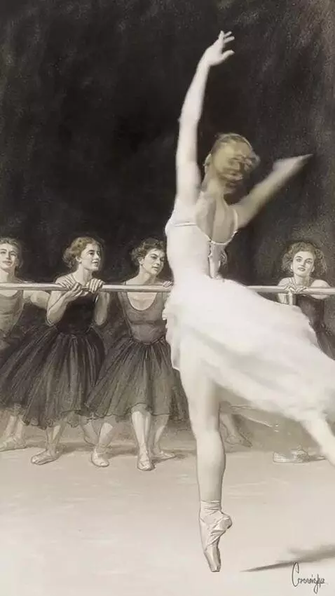 AI Video from prompt: A ballerina dances on stage, her colleagues watc