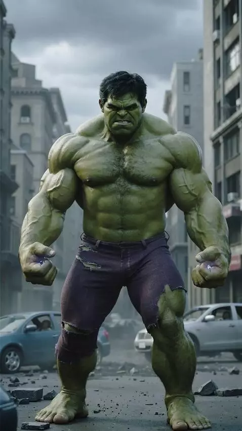 AI Video from prompt: Hulk looks straight ahead with an angry face. Hi