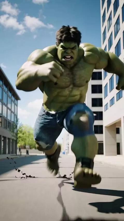 AI Video from prompt: Hulk starts running very fast, shaking the groun