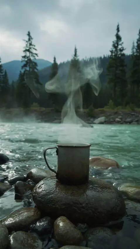 AI Video from prompt: Cinematic ground-level shot from a rocky riverba