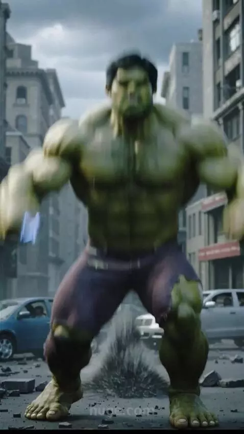 AI Video from prompt: Hulk bends his knees and jumps high into the sky