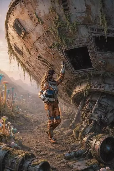 AI Video from prompt: A woman in an orange spacesuit slowly approached