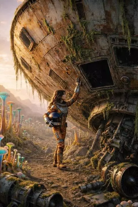 AI Video from prompt: A woman in an orange spacesuit slowly approached