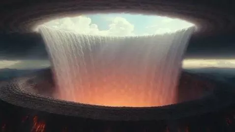 AI Video from prompt: Water flowing into a volcano through a massive h
