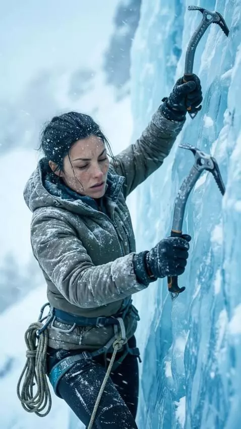 AI Video from prompt: Close-up of climbing boot with crampons kicking 