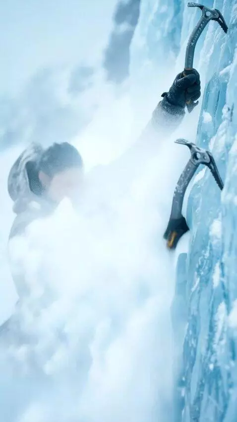 AI Video from prompt: Close-up of climbing boot with crampons kicking 