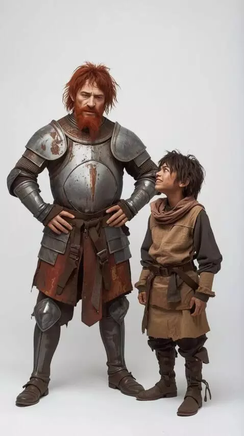 AI Video from prompt: A man in armor curses and attempts to hit a shor