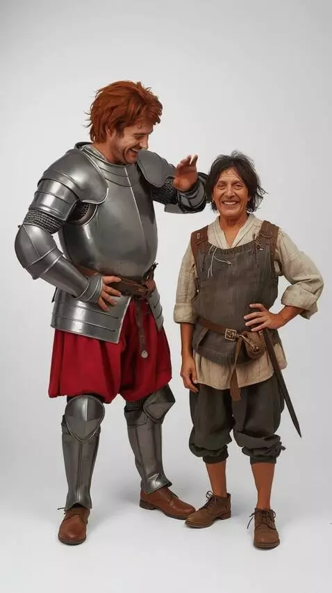 AI Video from prompt: The man in armor laughs and lightly slaps the sh