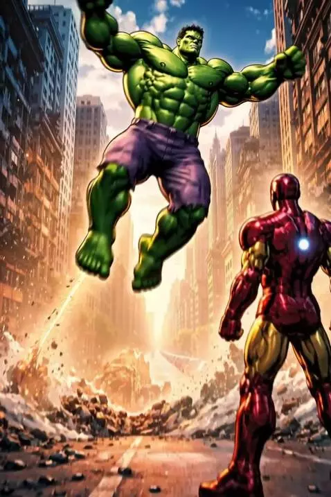 AI Video from prompt: Hulk flies over buildings, moving toward danger.