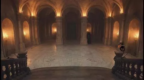 AI Video from prompt: the camera glides down the stairs into the room,