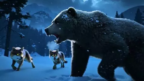 AI Video from prompt: Scene opens in a snowy forest at twilight. Cold 