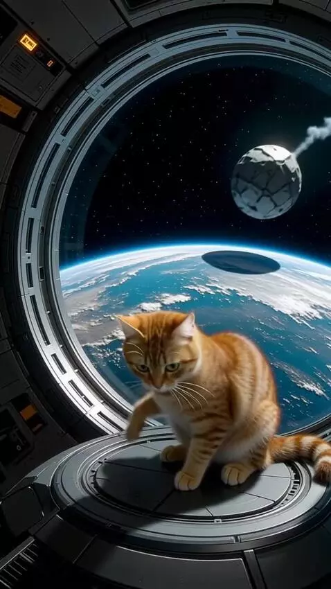 AI Video from prompt: A cat in a spaceship looking down on earth and s