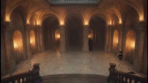 AI Video from prompt: the camera glides up the stairs leaving the big 