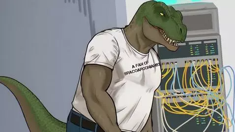 AI Video from prompt: T-rex dude walks and stops looks at the server t