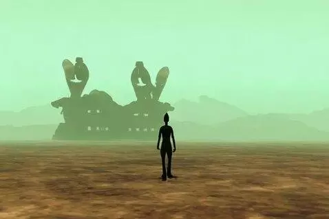 AI Video from prompt: Aerial overview of the alien approaching the gig