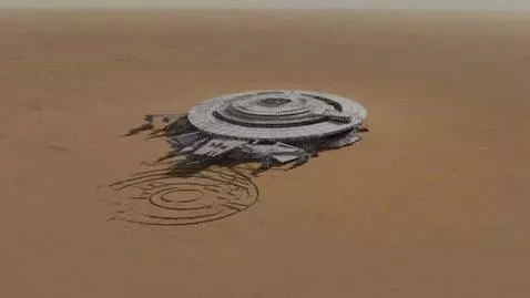 AI Video from prompt: Aerial overview of the alien approaching the gig