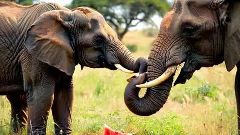 AI Video from prompt: Baby elephant eating a water melon beside mother