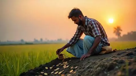 AI Video from prompt: A farmer kneels down at the edge of his rice fie
