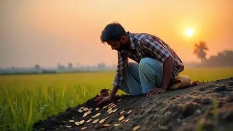 AI Video from prompt: A farmer kneels down at the edge of his rice fie