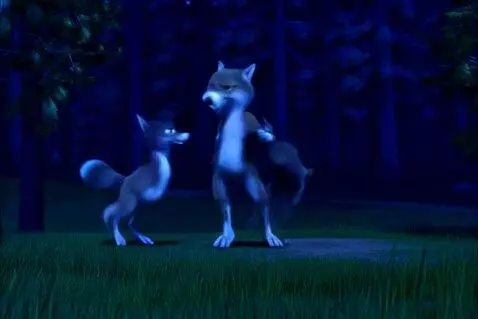 AI Video from prompt: a wolf and a fox dance in the forest at night on