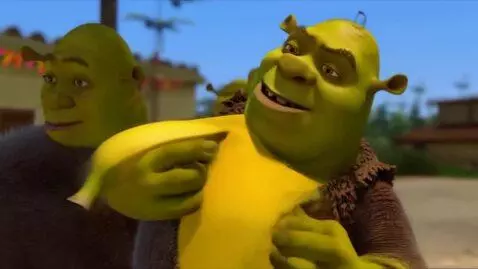 AI Video from prompt: shrek eating a huge banana