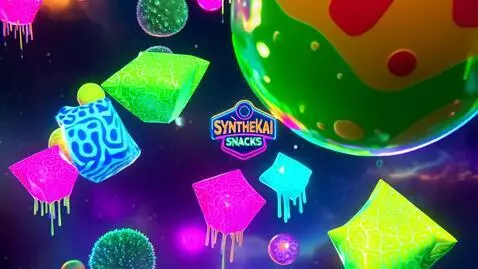 AI Video from prompt: “A vibrant, surreal sci-fi snack universe — colo