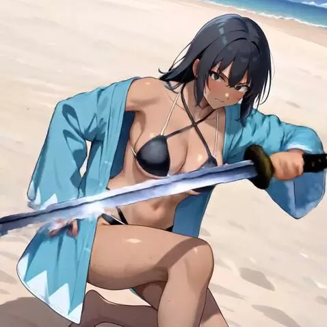 AI Video from prompt: She thrusts her Japanese katana sword held in he