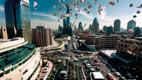 AI Video from prompt: Dollars falling from the sky over Ddubai
