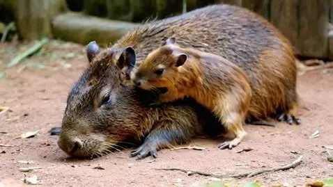 AI Video from prompt: The capybara sleeps, but the baby capybara preve