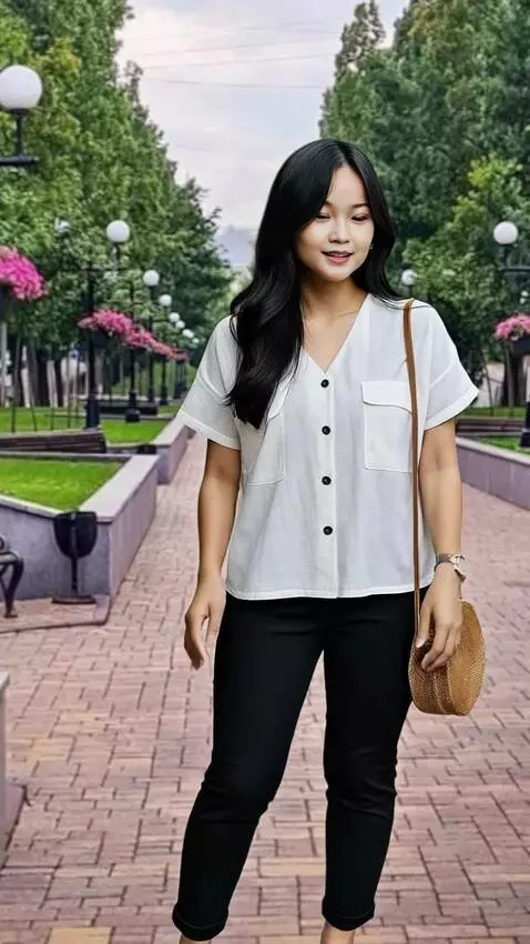 AI Video from prompt: Wanita ini bergaya memamerkan baju yang dipakai 